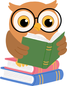 Grafika przedstawia sowę w okularach siedzącą na książkach. Ponadto sowa czyta książkę.